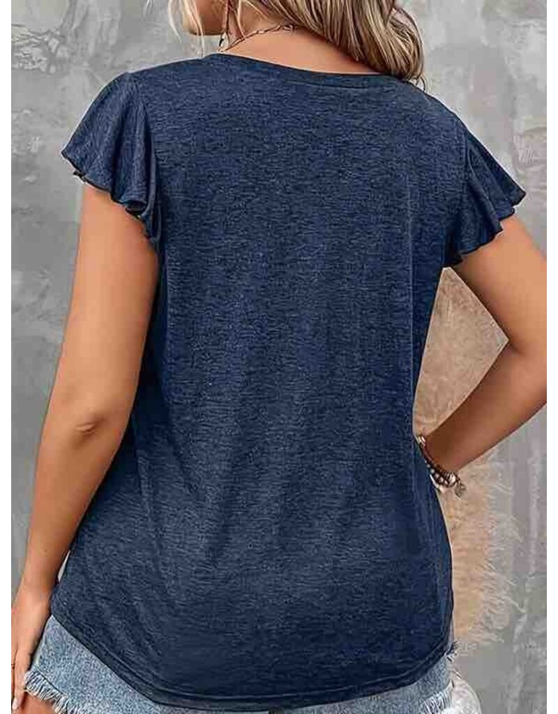 V Neck Ruffle Sleeve Top - Navy