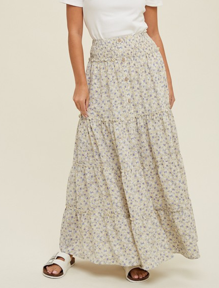 Floral Tiered Skirt With Front Slit - Lemon/Blue