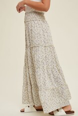 Floral Tiered Skirt With Front Slit - Lemon/Blue