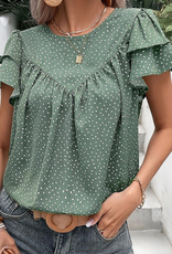 Spotted Print Pleated Ruffle Sleeve Blouse - Green