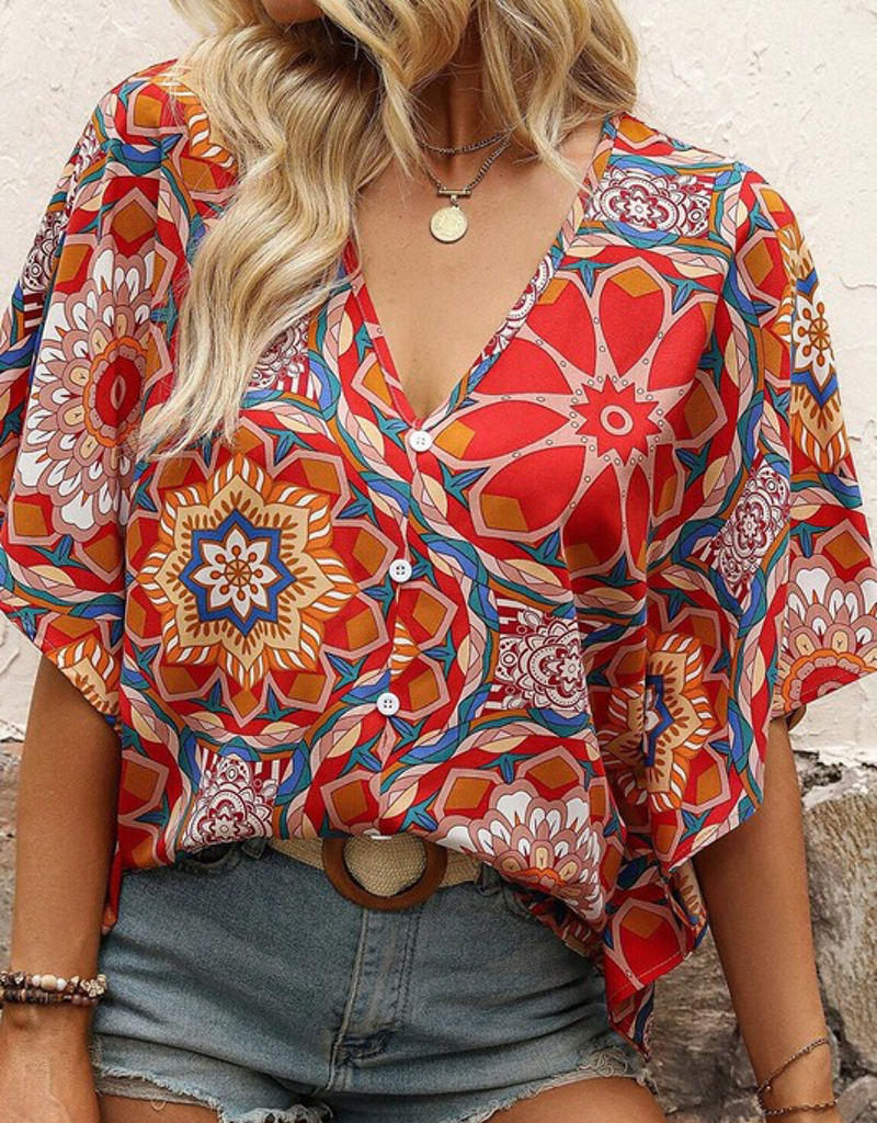 Floral Print Batwing Sleeve V Neck Blouse - Red