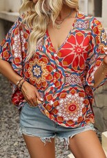 Floral Print Batwing Sleeve V Neck Blouse - Red