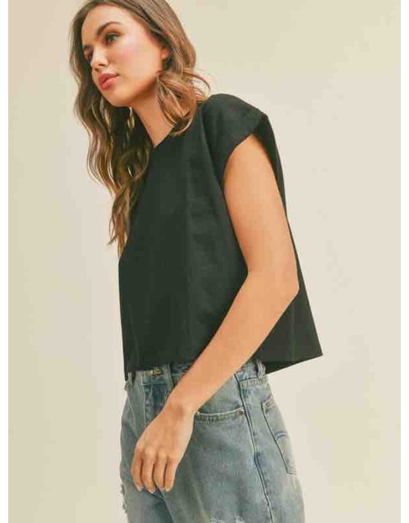 Round Neck Cuffed Sleeve Tee - Black