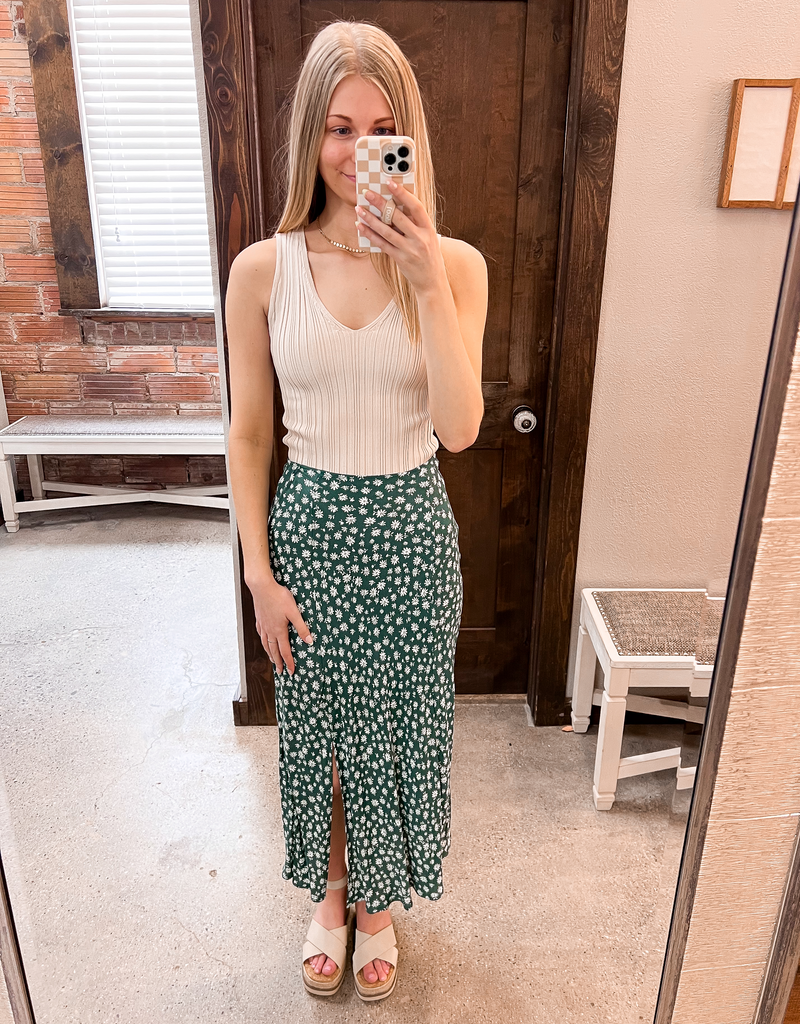 Floral Side Slit Skirt - Hunter Green