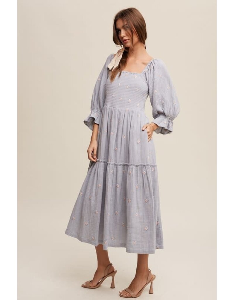 Floral Embroidery Puff Sleeve Maxi Dress - Steele Blue