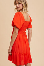 Bubble Sleeve U Notched Dress - Chili Pepper