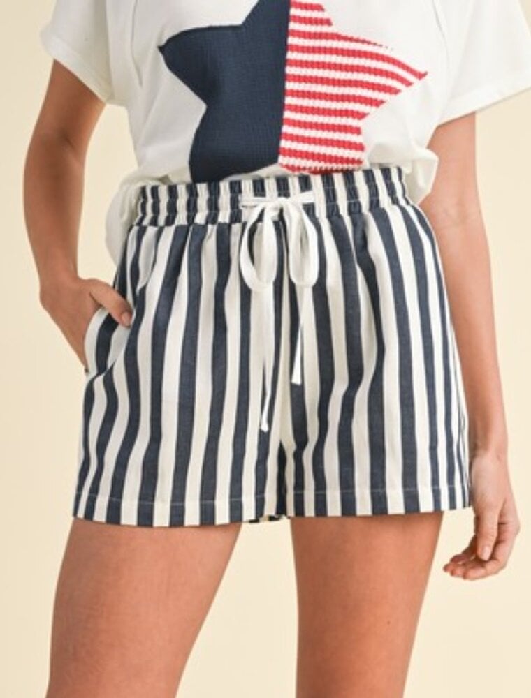 Stripe Twill Denim Shorts - Navy