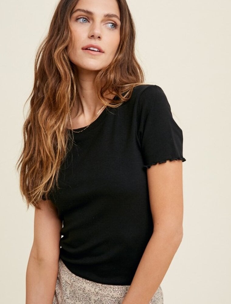 Ribbed Knit Top With Lettuce Trim - Black