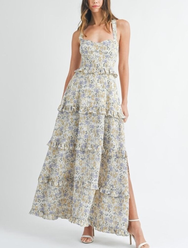 Floral Print Bustier Ruffle Tiered Maxi Dress - Cream