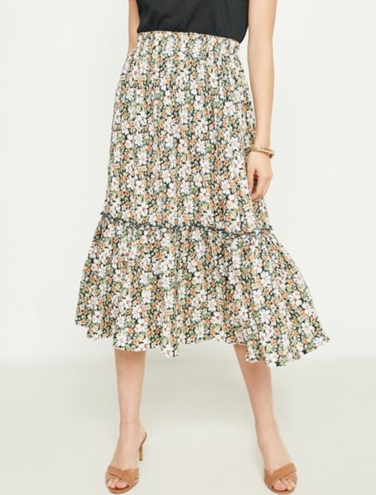 Floral Pleated Ruffled Skirt - Green