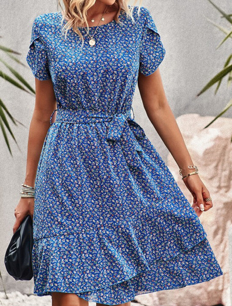 Floral Short Sleeve Midi Dress - Blue