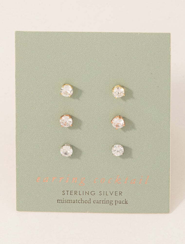 Sterling Silver Cz 3 Tone Stud Earrings Set