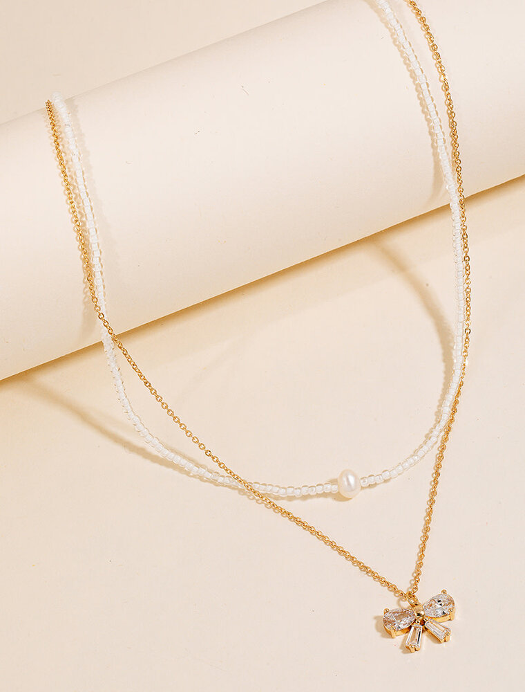 Ribbon Bow Pearl Layered Necklace