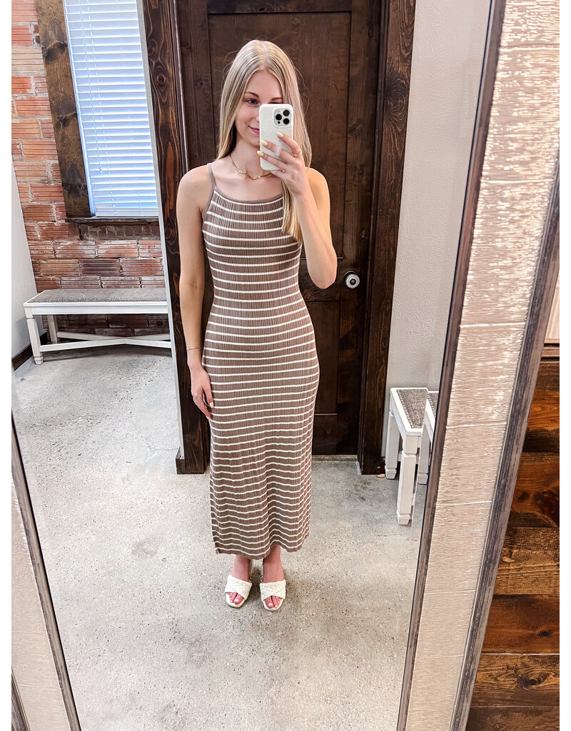 Ribbed Striped Midi Knit Dress Mocha Cream