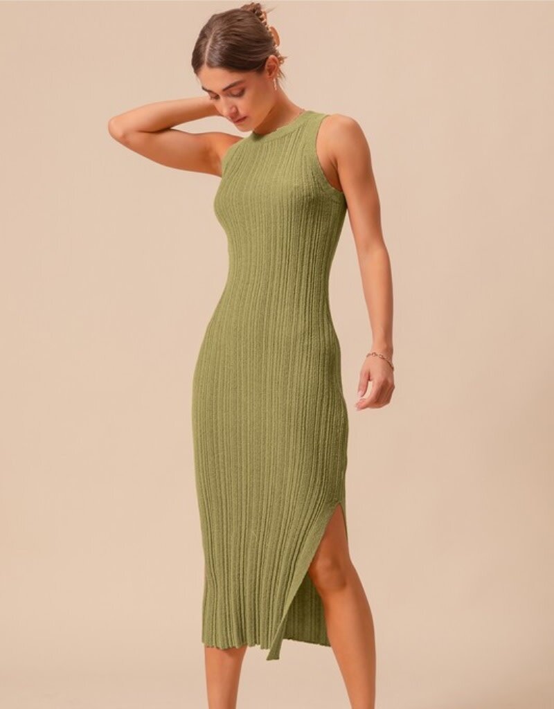 Stretchy Rib Fitted Midi Dress - Lt Olive - Boutique 23