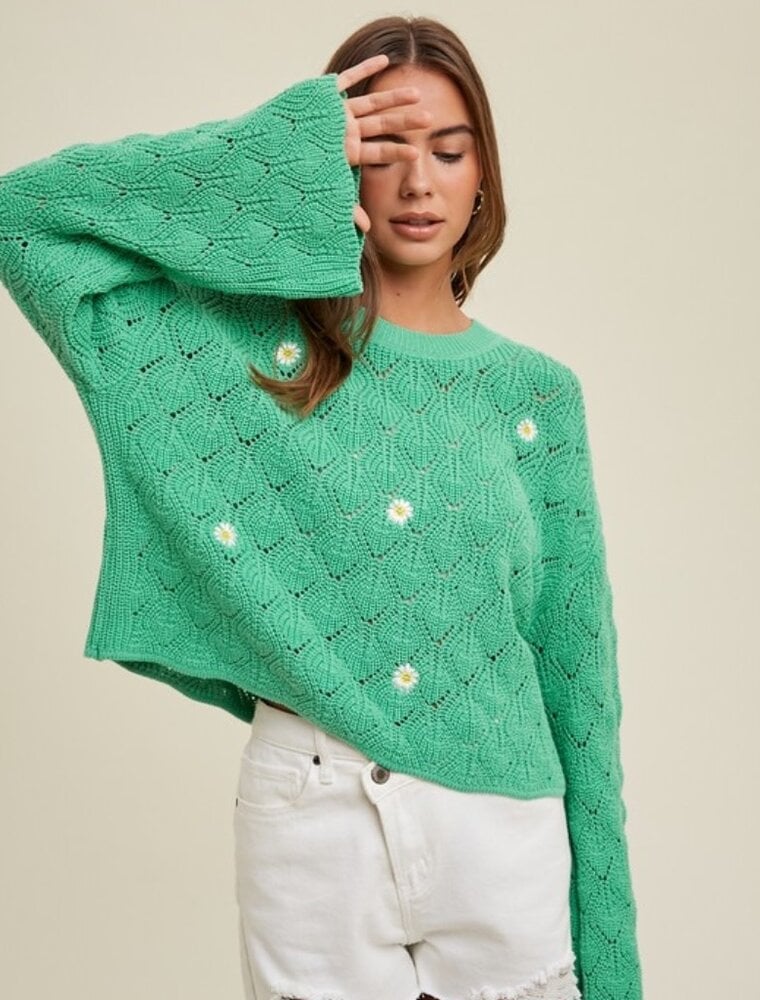 Daisy Embroidered Bell Sleeve Sweater - Green