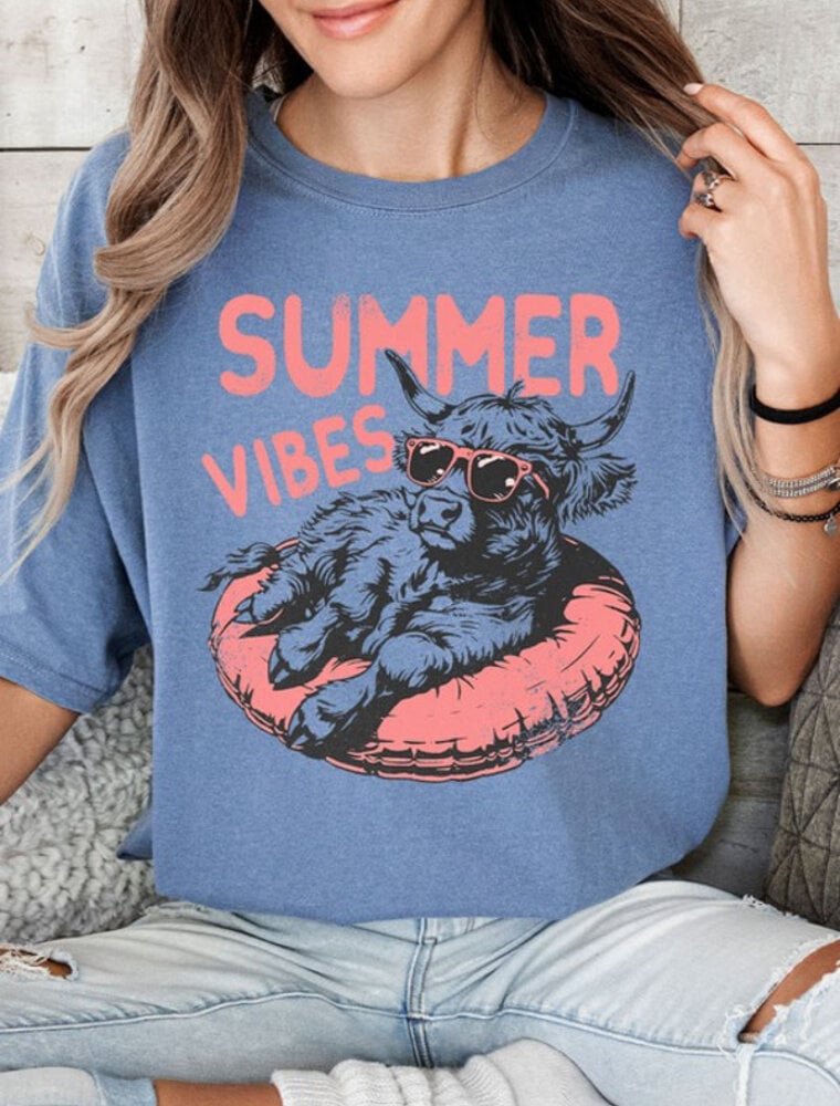 Summer Vibes Highland Cow Graphic - Blue Jean