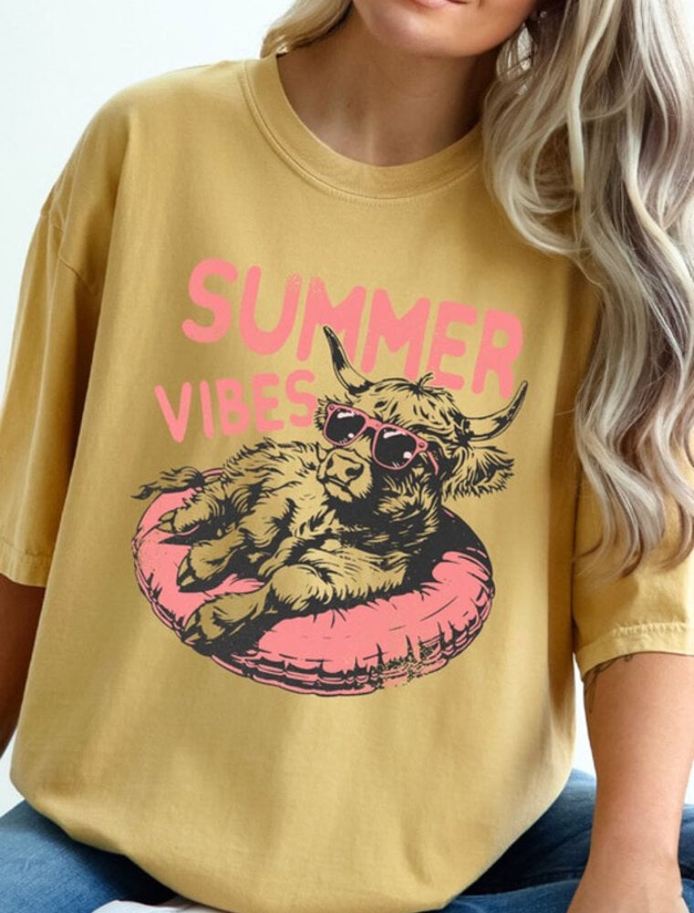 Summer Vibes Highland Cow Graphic - Mustard