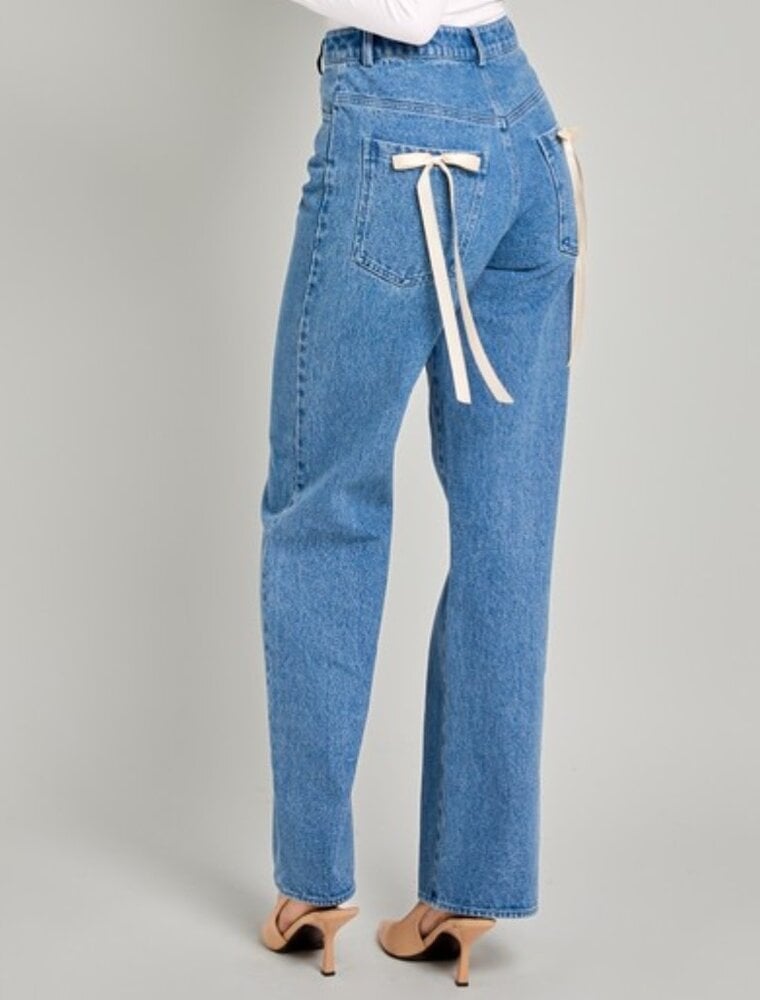 High Waist Straight Leg Bow Detail Denim