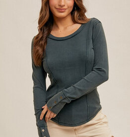 Snow Washed Ribbed Henley Long Sleeve - Pine