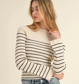 Long Sleeve Stripe Pattern Ribbed Knitted Top - Beige/Black