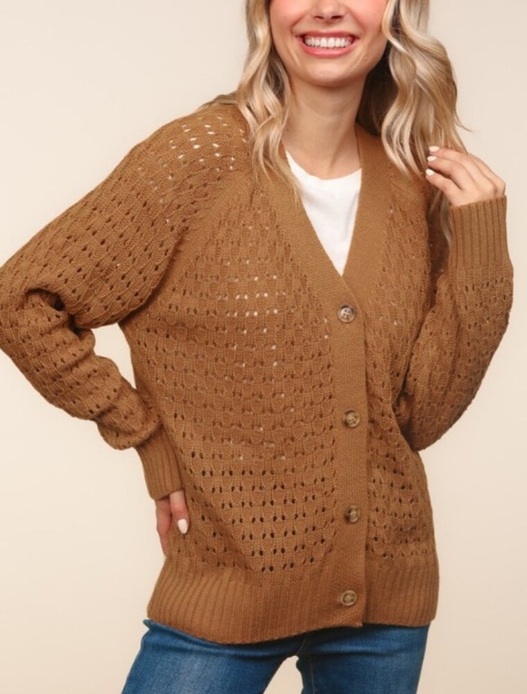 Curvy Button Down Solid Sweater Cardigan - Camel