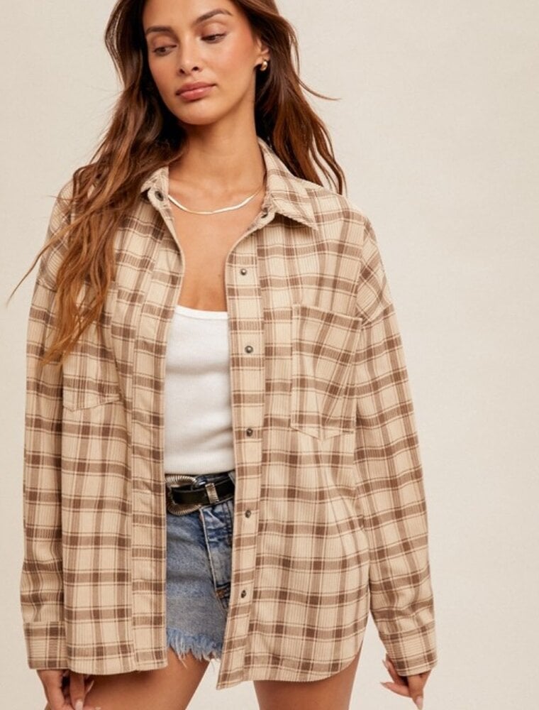 Plaid Corduroy Button Down Shirt Jacket - Taupe