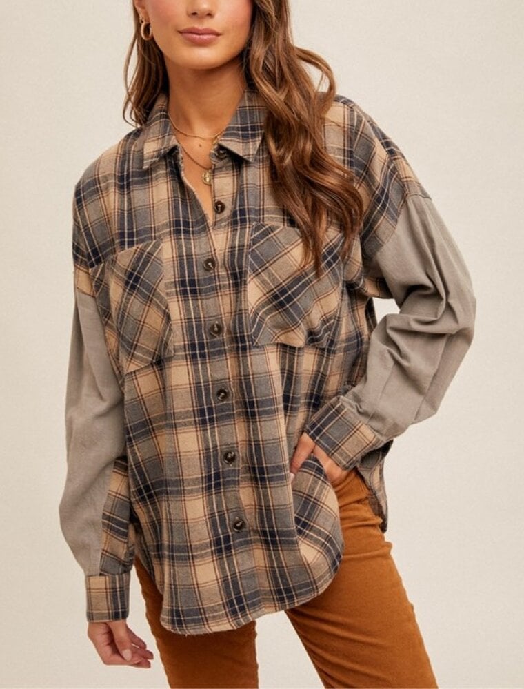 Oversized Plaid Snow Wash Button Down Shirt - Grey