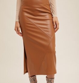 Faux Leather Midi Skirt With Slit - Brown