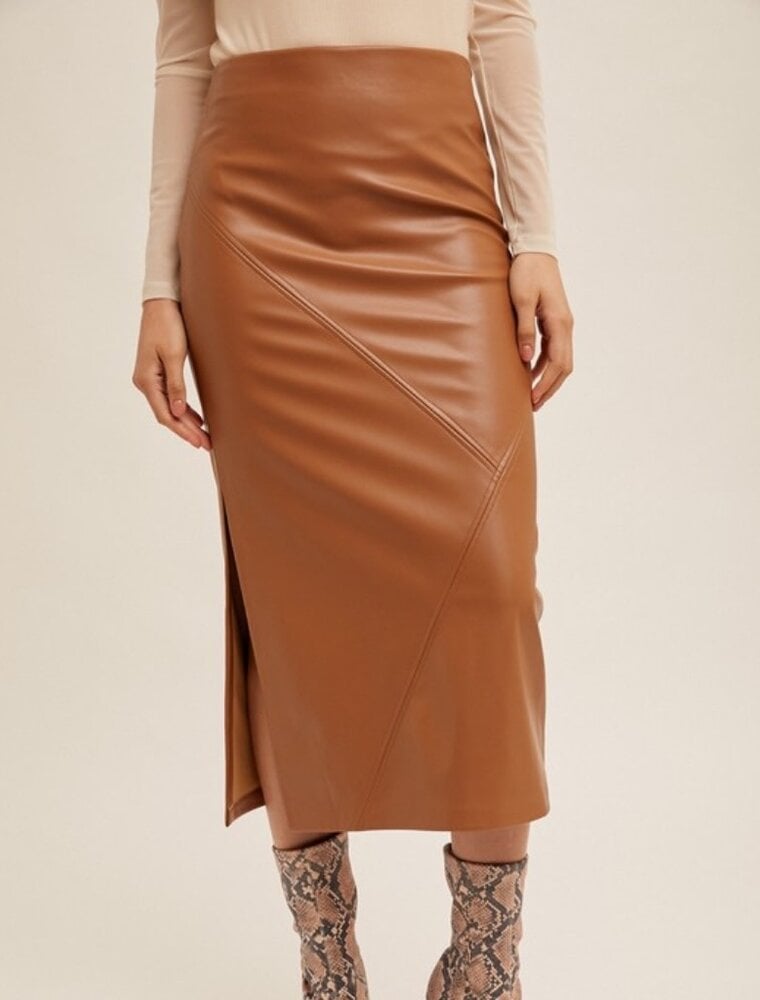 Faux Leather Midi Skirt With Slit - Brown