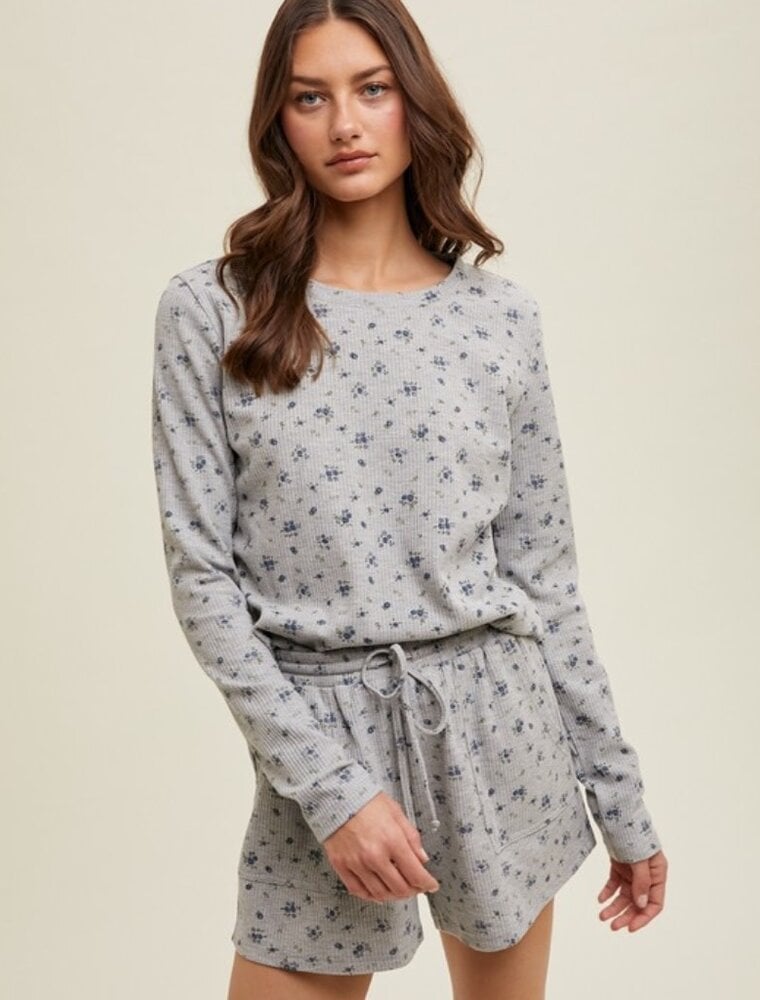 Floral Waffle Knit Top & Shorts Set - Grey