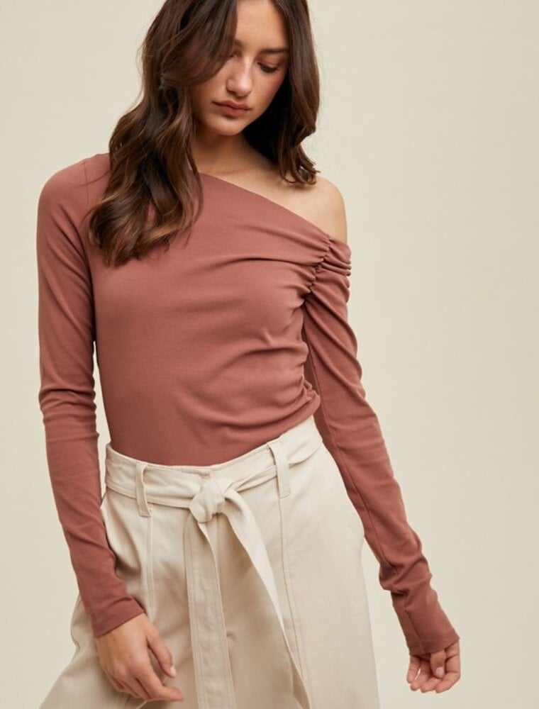 Asymmetrical Neck Ribbed Knit Top - Clay