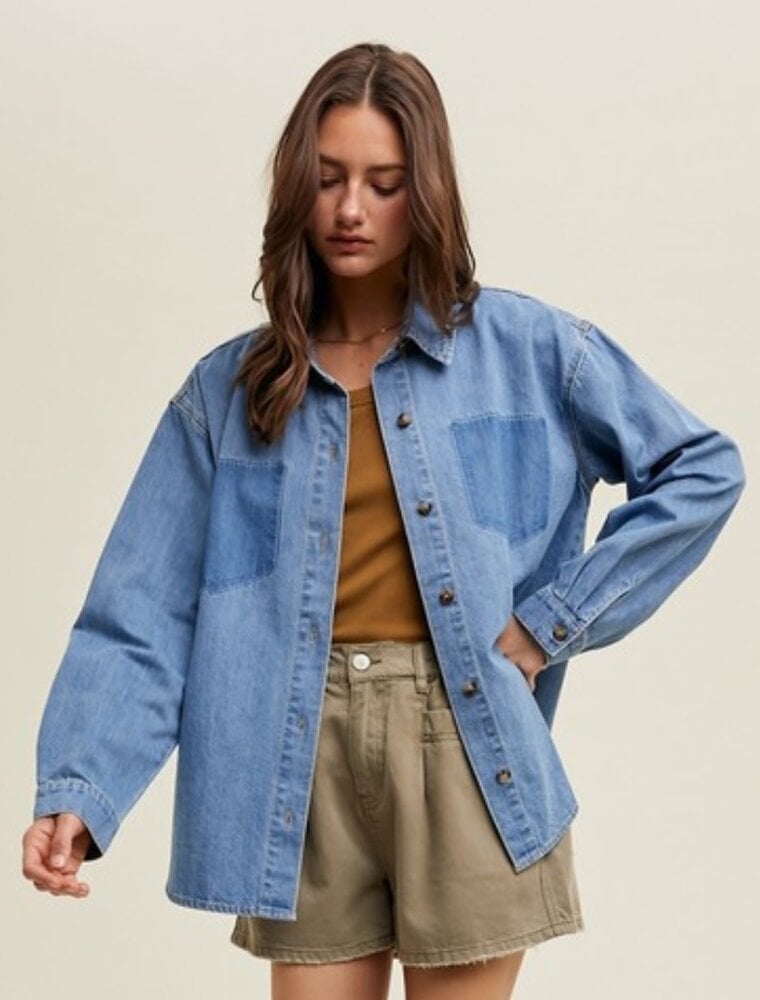 Cotton Denim Shirt with Burnout Pocket Detail