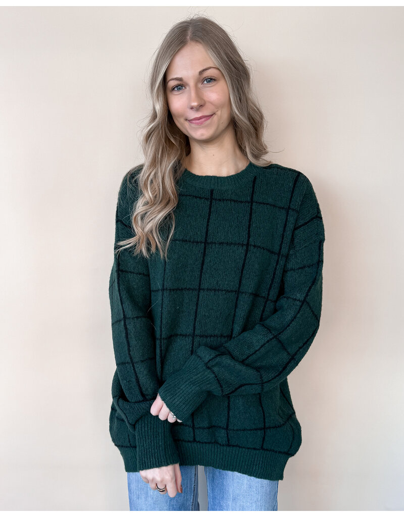 Grid Print Crew Neck Sweater Hunter Green Boutique 23