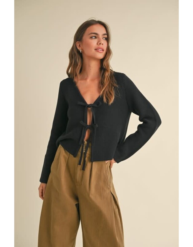 Long Sleeve Knitted Tie Front Cardigan Black