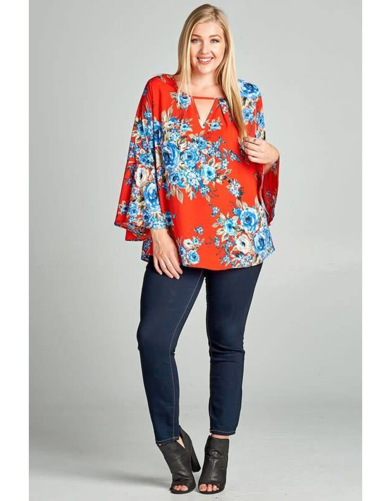 Red Blue Floral Bell Sleeve Top