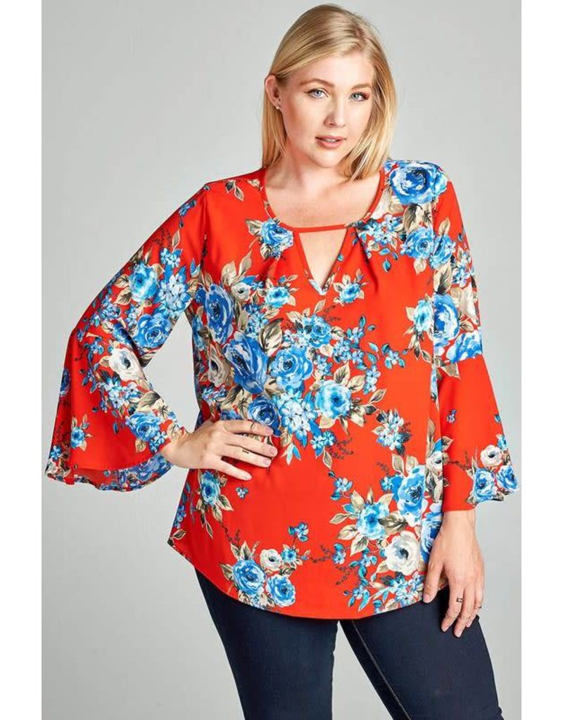 Red Blue Floral Bell Sleeve Top