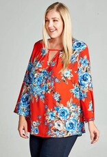 Red Blue Floral Bell Sleeve Top