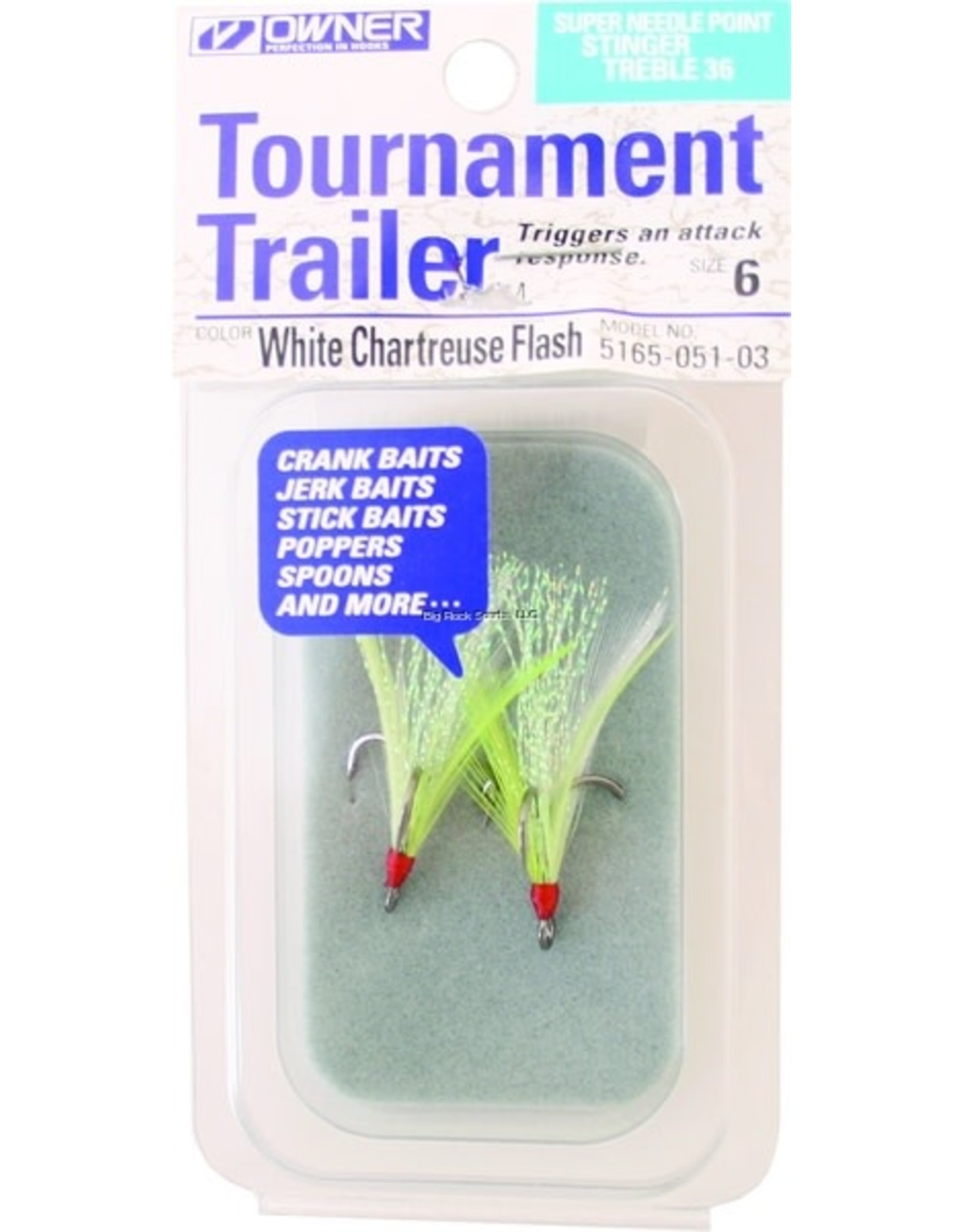 Owner Owner 5165-051-03 Stinger-36 Tournament Trailer Treble Hook, Size 6, Needle Point, Black Chrome, White/Chartreuse Flash Feather, 2 per Pack
