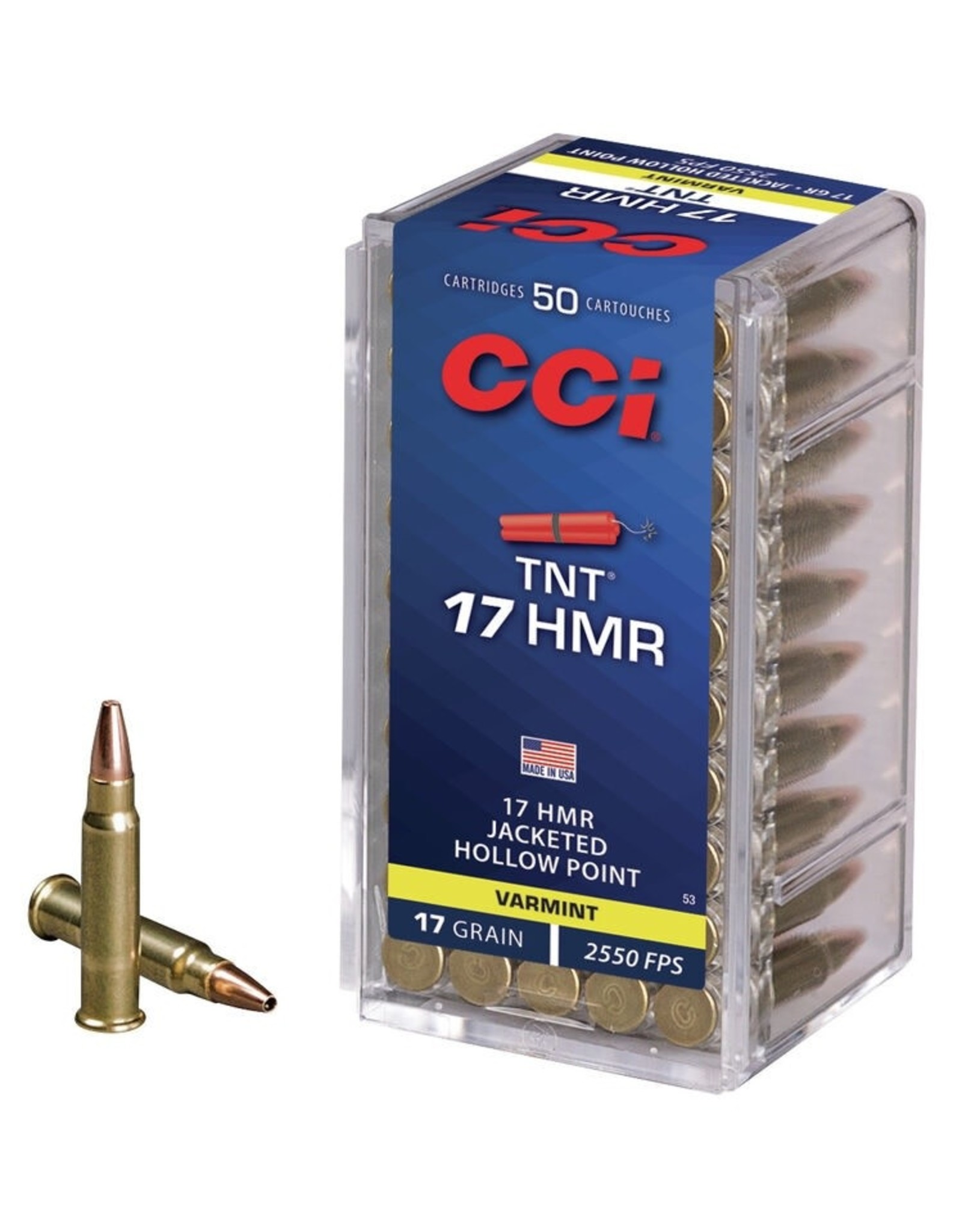 CCI CCI 0053 HMR TNT Rimfire Ammo 17 HMR, TNT JHP, 17 Grains, 2550 fps, 50 Rounds, Boxed