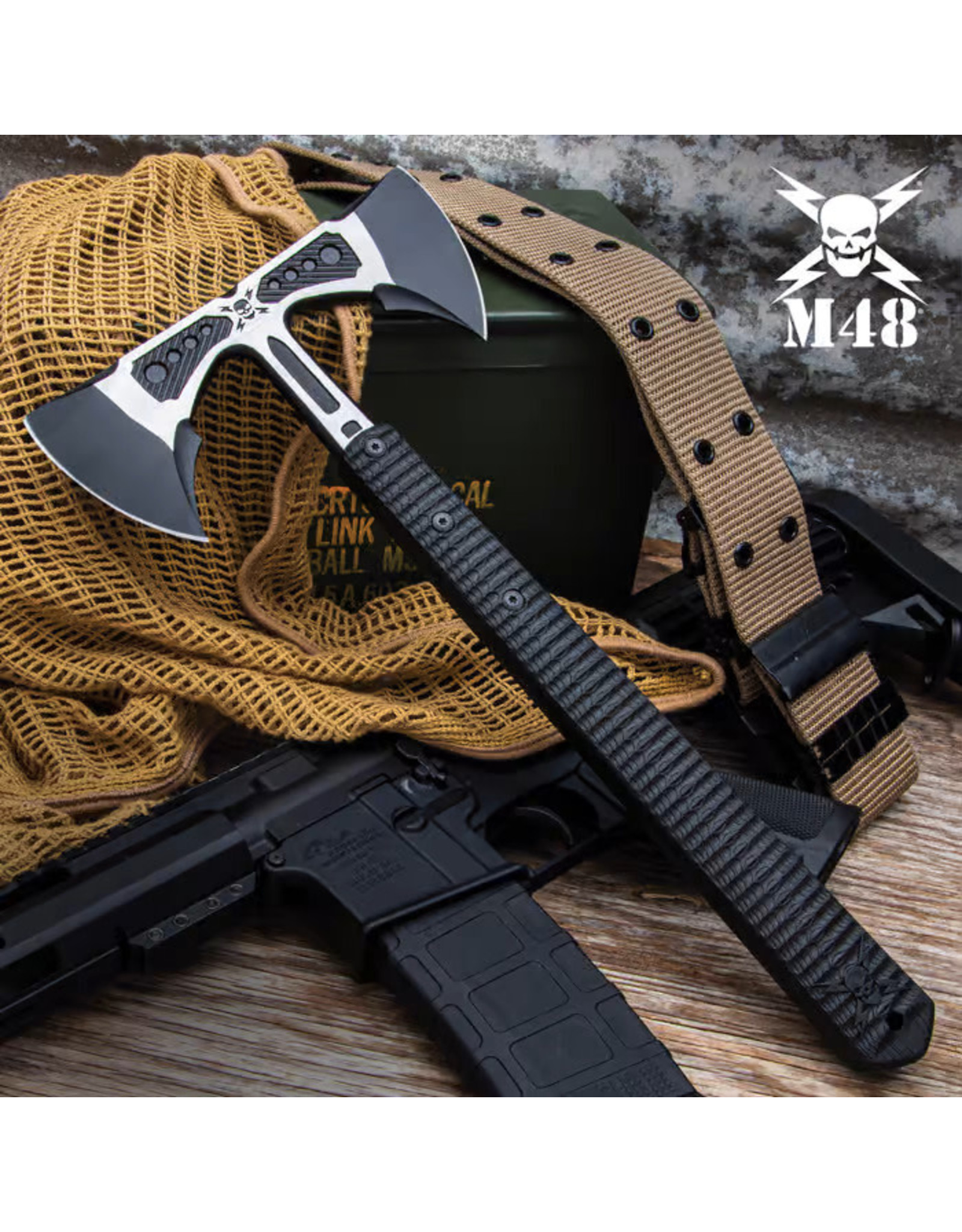 United Cutlery M48 Liberator Double-Headed Infantry Tomahawk Axe And Sheath - 2Cr13 Cast Stainless Steel, Injection Molded Nylon Handle - Length 15 3/4”