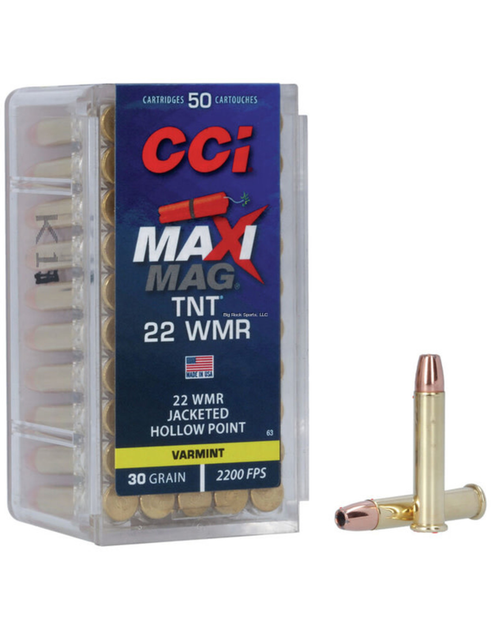 CCI CCI 0063 Maxi Mag TNT Rimfire Ammo 22 WIN MAG, TNT JHP, 30 Grains, 2200 fps, 50 Rounds, Boxed