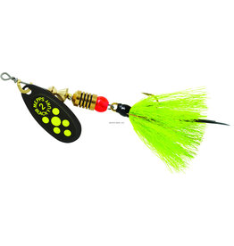 Mepps Mepps BF2T CH Black Fury In-Line Spinner, 1/6 oz, Dressed Treble Hook, Chartreuse Dot Blade with Gray & Chartreuse Tail