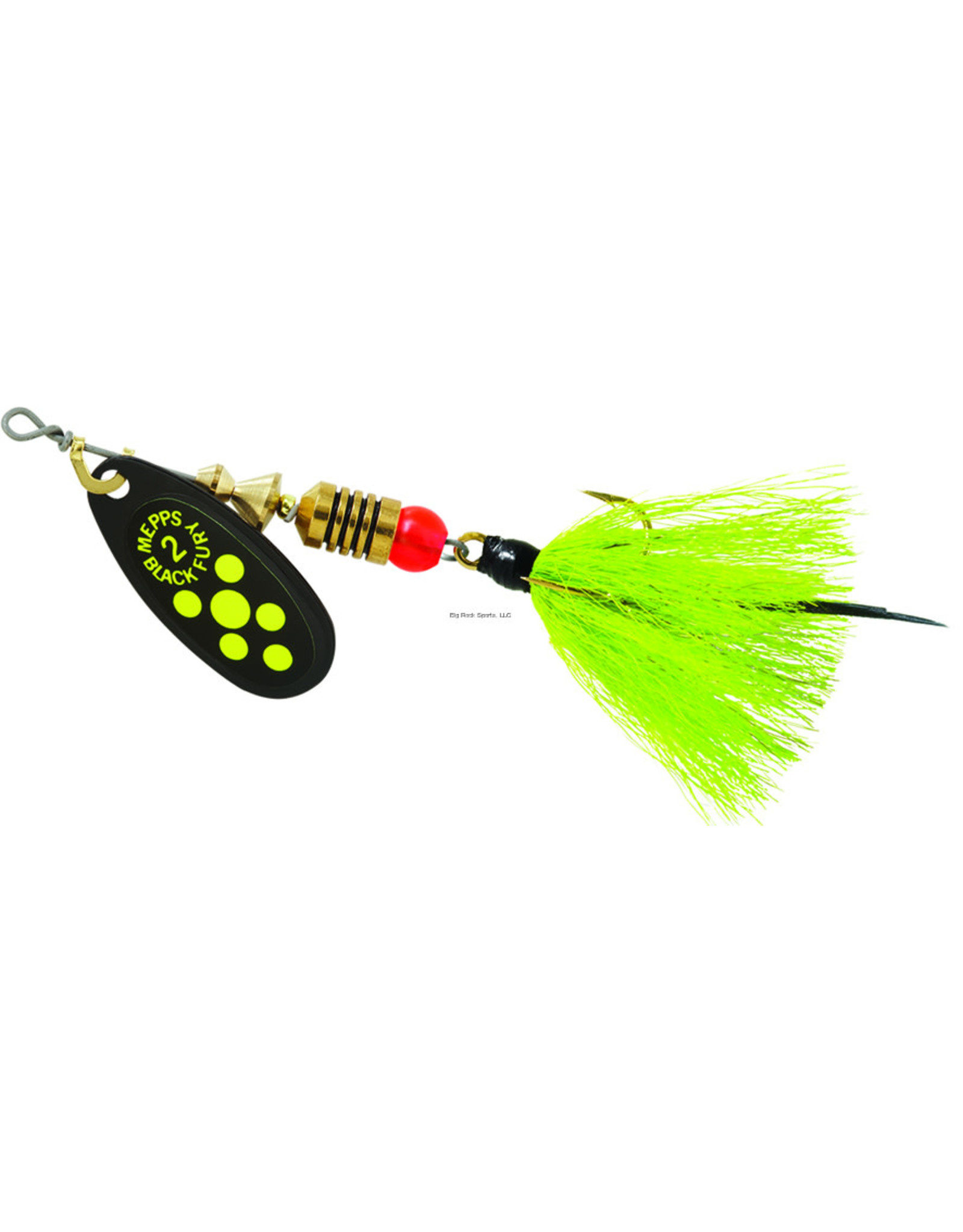 Mepps Mepps BF2T CH Black Fury In-Line Spinner, 1/6 oz, Dressed Treble Hook, Chartreuse Dot Blade with Gray & Chartreuse Tail