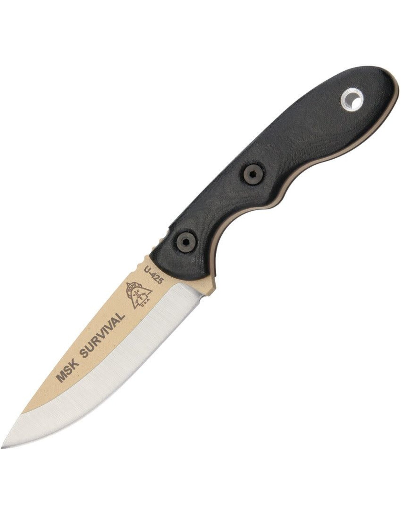 Tops TOPS Knives Mini Scandi Knife Fixed 3" 1095 Coyote Tan Blade, Black Micarta Handles, Kydex Sheath - MSK-SURV