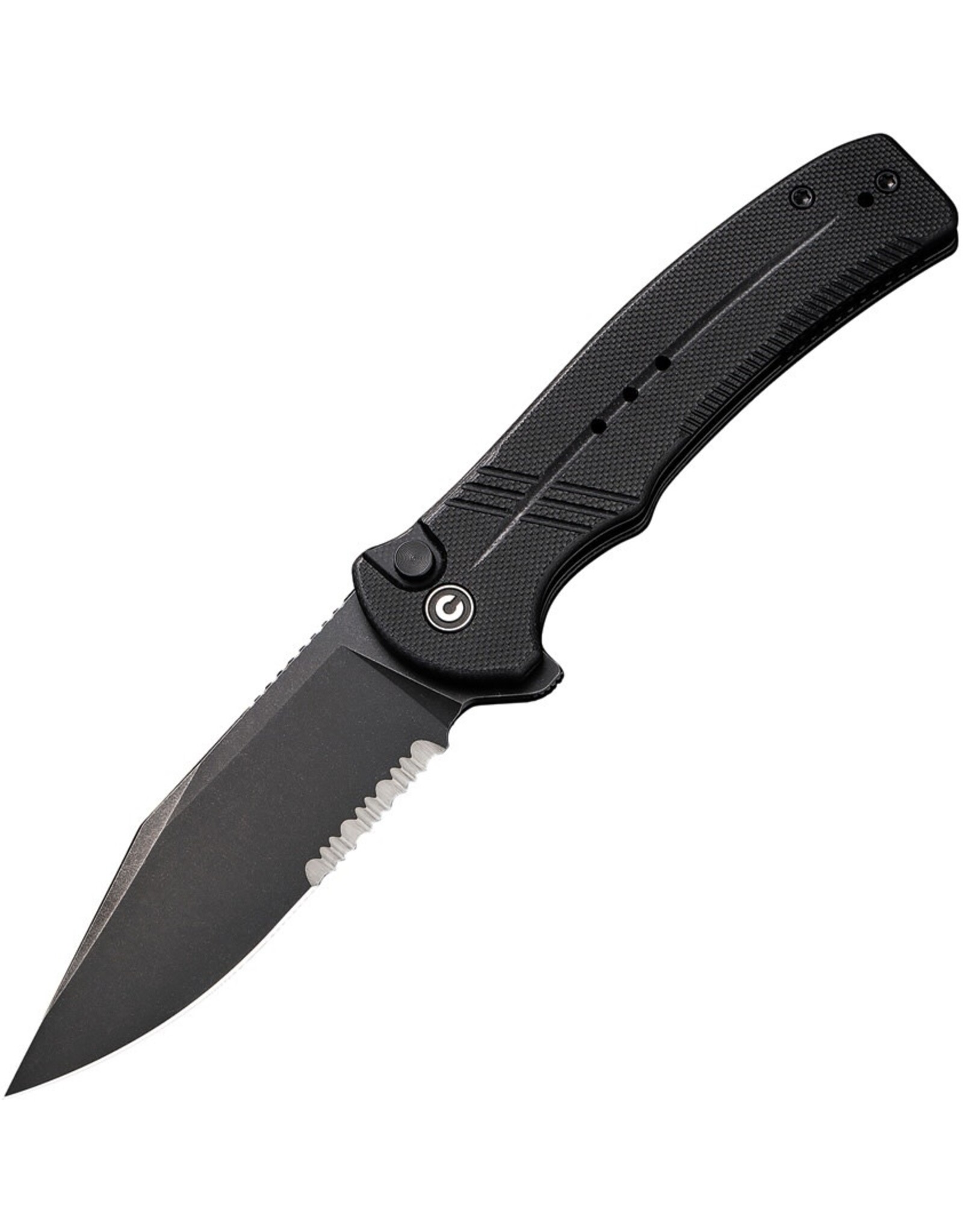 Civivi CIVIVI Knives Cogent Flipper Knife 3.47" 14C28N Black Stonewashed Combo Blade, Black G10 Handles, Button Lock - C20038E-1