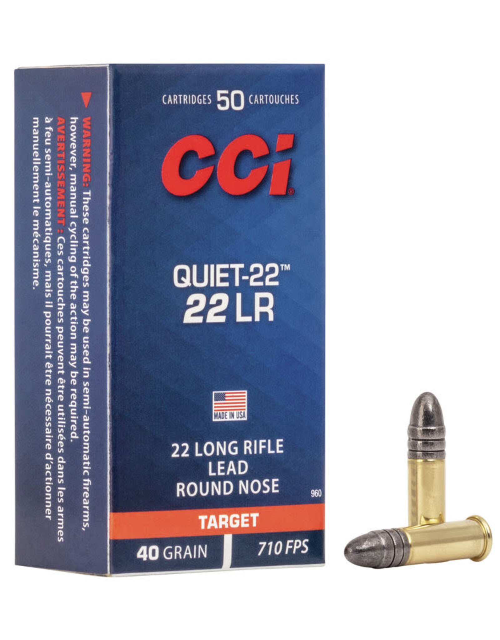 CCI CCI 0960 Quiet-22 Rimfire Ammo 22 LR, LRN, 40 Grains, 710 fps, 50 Rounds, Boxed