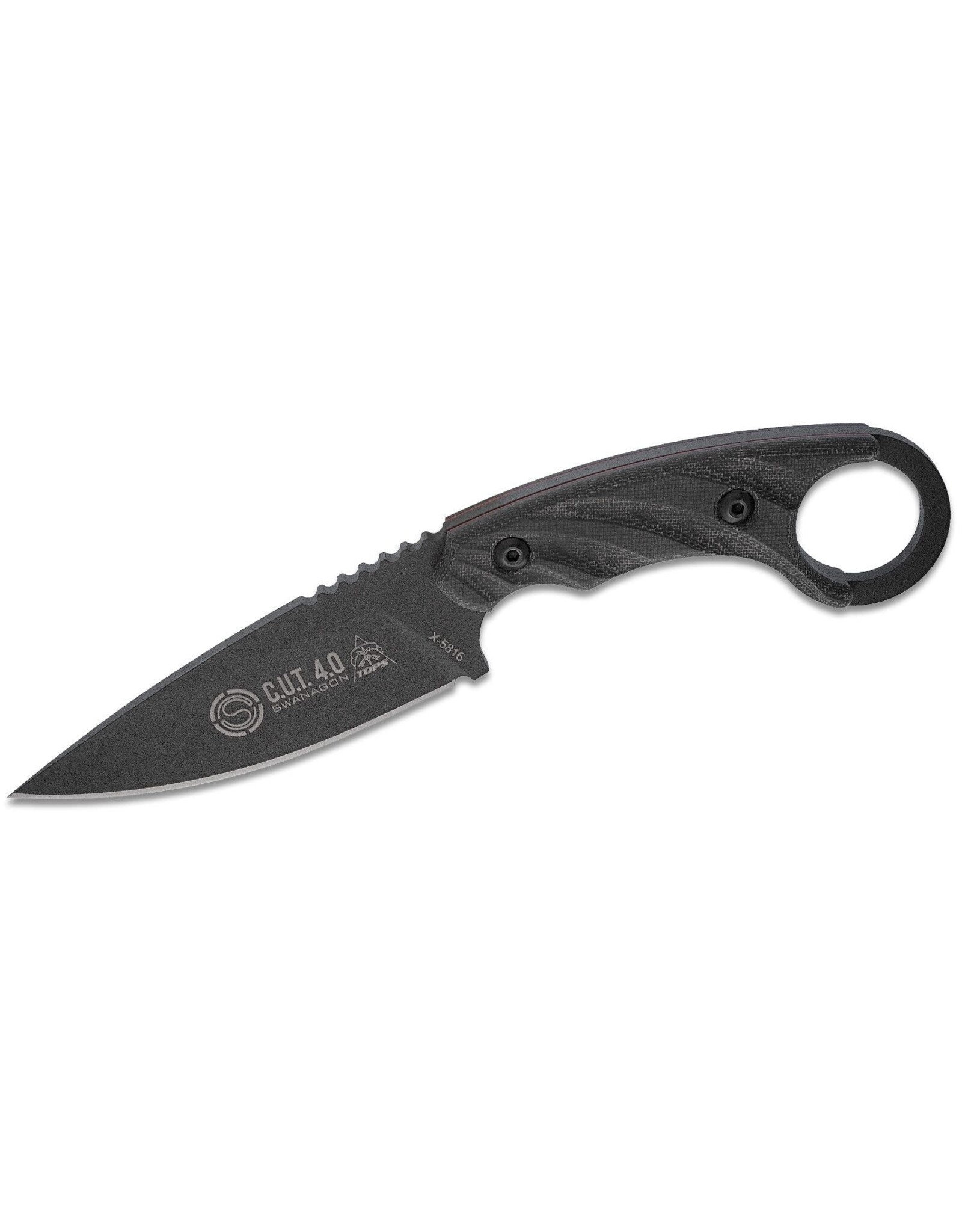 Tops TOPS Knives C.U.T. 4.0 Blackout Edition Fixed 4.25" Black Carbon Steel Blade and Canvas Micarta Handles, Kydex Sheath - CUT-40A