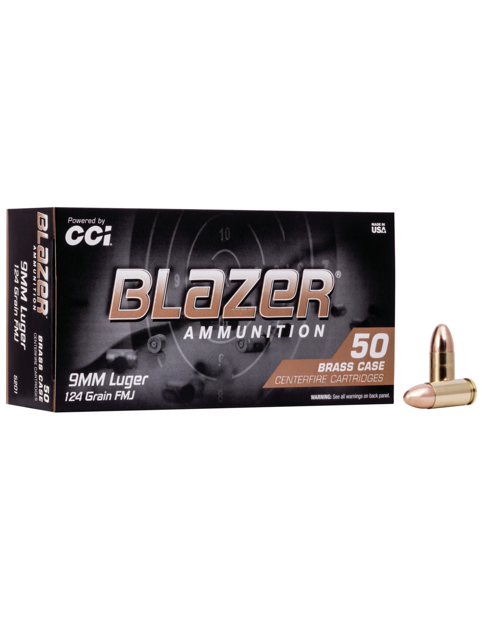 Blazer Ammunition CCI 5201 Blazer Brass Centerfire Pistol Ammo 9MM, FMJ-RN, 124 Gr, 1090 fps, 50 Rnd, Boxed