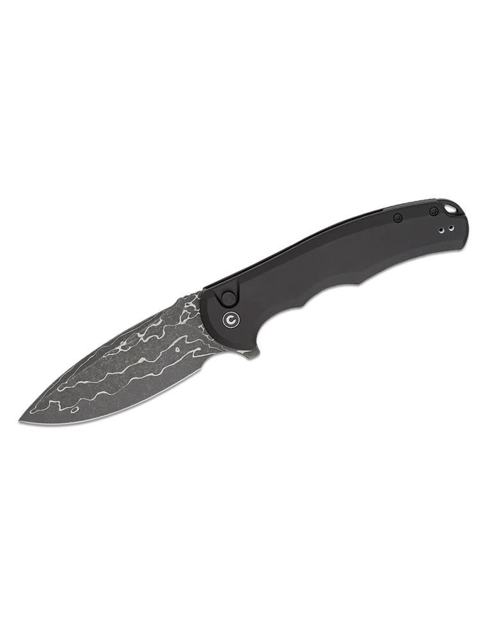 Civivi CIVIVI Knives Button Lock Praxis Flipper Knife 3.75" Damascus Drop Point Blade, Black Aluminum Handles - C18026E-DS1